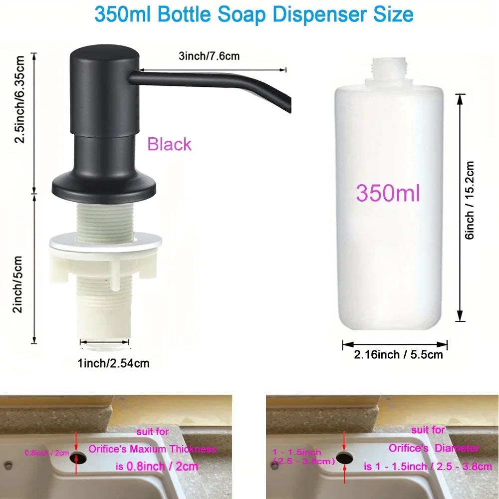 A black bottle soap dispenser for 350ml liquid, shown with dimensions and usage context.