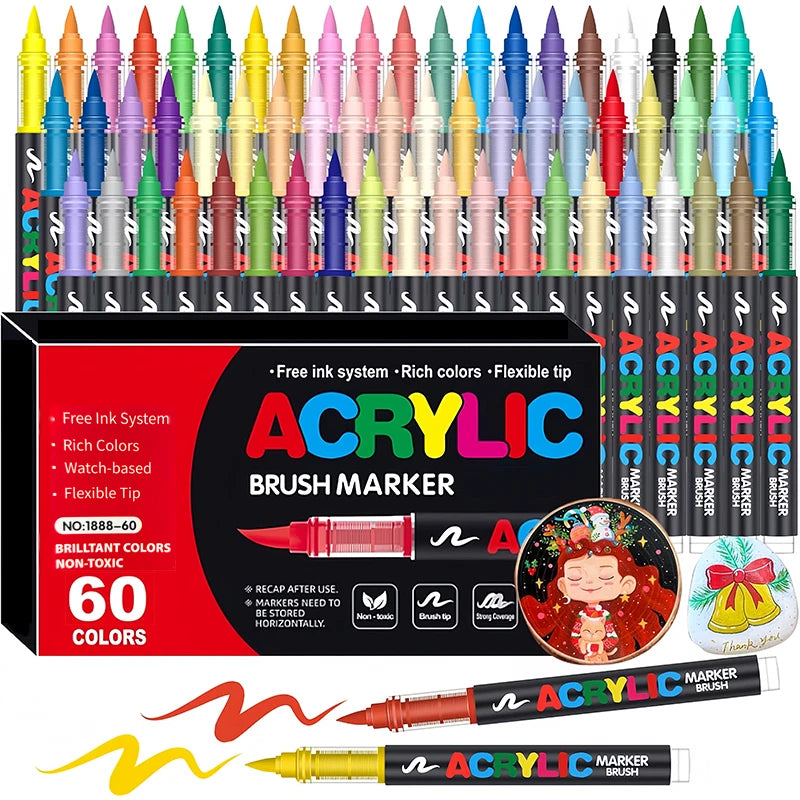 A set of 48-color acrylic brush markers featuring various colors and tips displayed in a black box.