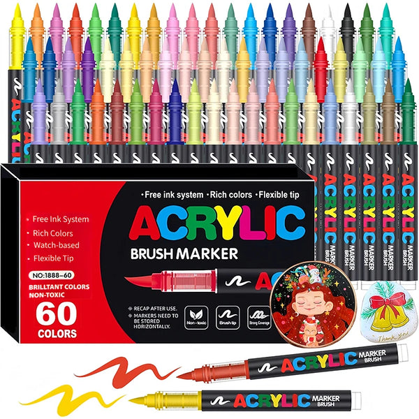 A set of 48-color acrylic brush markers featuring various colors and tips displayed in a black box.