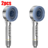 Two silver shower heads with blue silicone nozzles and metallic bodies shown side by side.