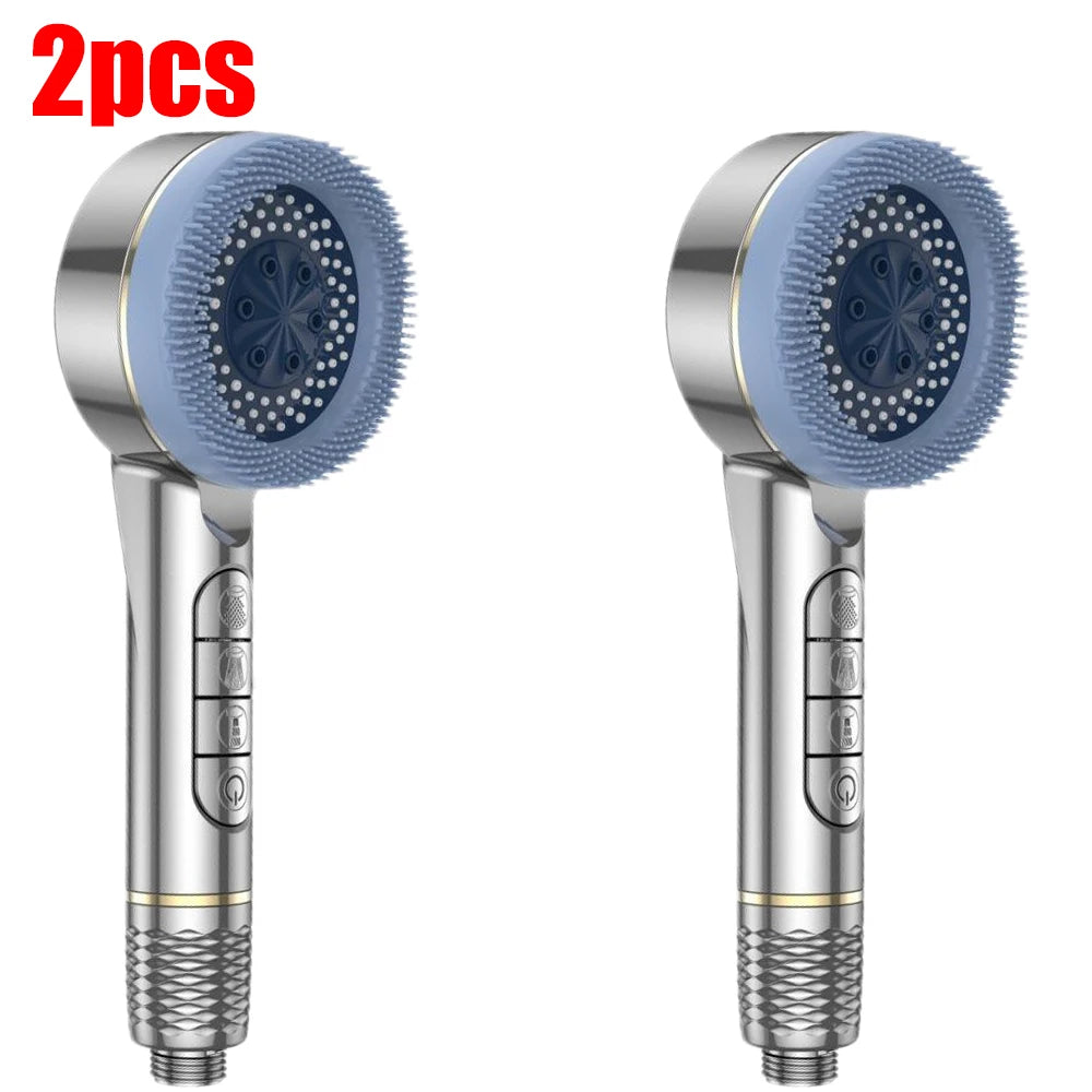 Two silver shower heads with blue silicone nozzles and metallic bodies shown side by side.