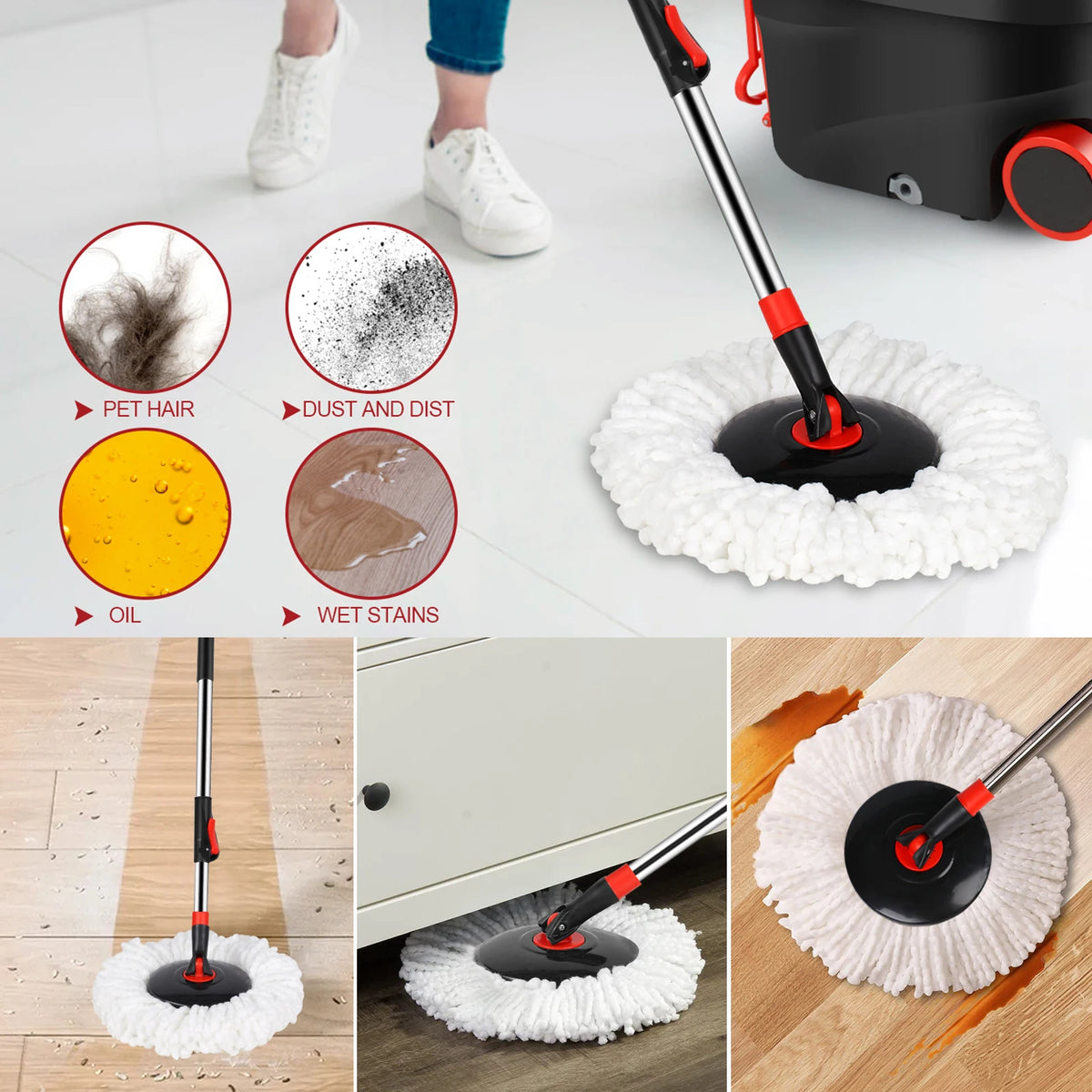 Replacement microfiber spin mop heads shown with various stains like pet hair, dust, and oil.