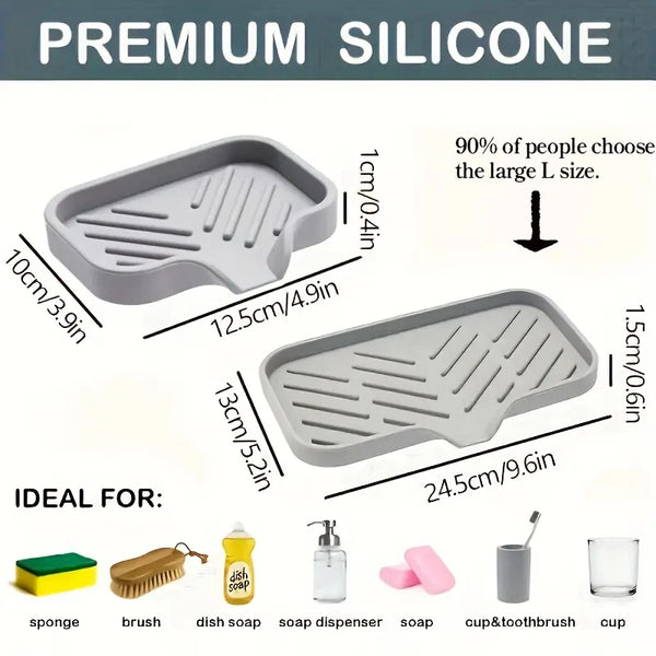 A set of premium silicone sink mats and organizers in gray, including various shapes for sponges, brushes, and other items.