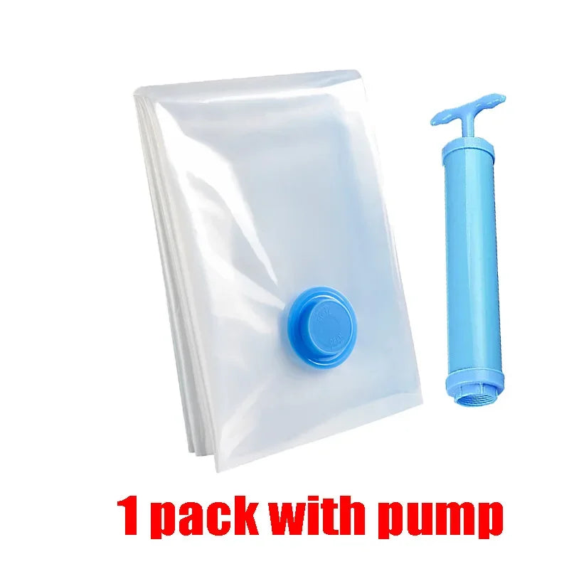 A clear vacuum storage bag with a blue hand pump attached, packaged in a single pack.