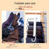 Foldable pant rack showing clothes hanging on a wooden rack before and after storage.