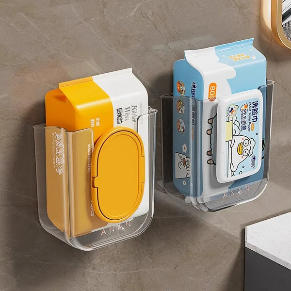 A set of punch-free wall mounted tissue and wipe dispensers in various colors including yellow, white, and blue.