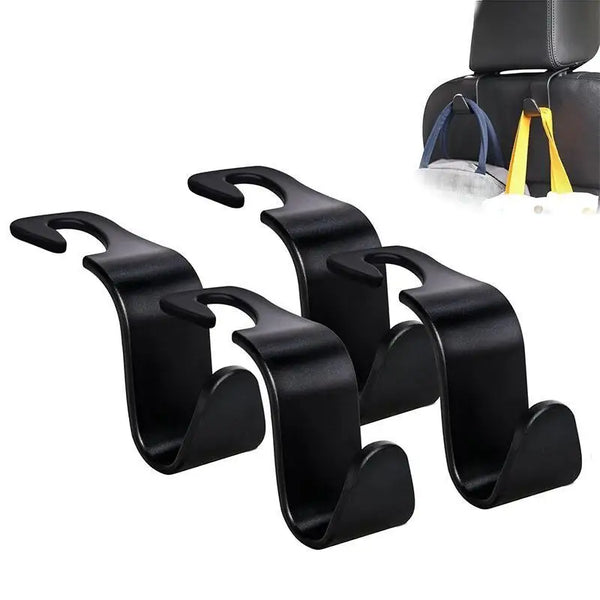 Black universal car headrest storage hooks in a 4 pack for securing items.