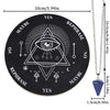 A black divination disk with geometric symbols and text like YES, MAYBE, and REPHRASE, paired with a silver chain necklace fe