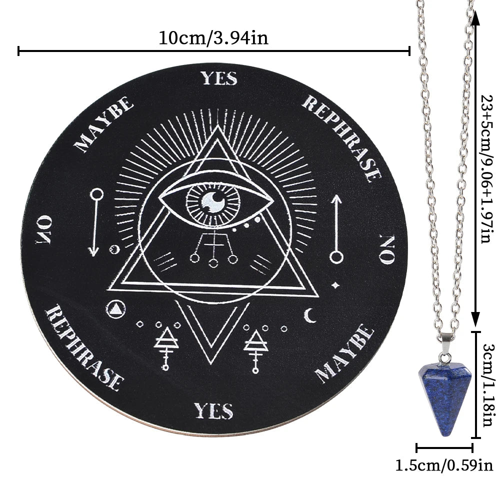 A black divination disk with geometric symbols and text like YES, MAYBE, and REPHRASE, paired with a silver chain necklace fe