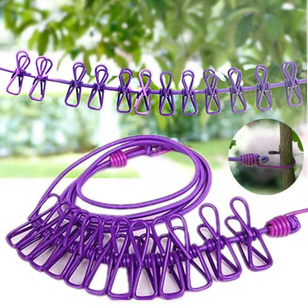 Purple retractable clothesline drying rack with multiple clips for laundry