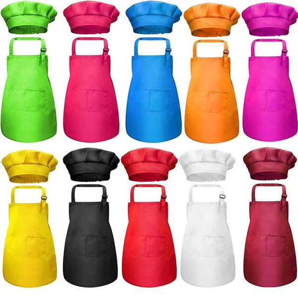 A set of colorful chef aprons and matching hats in various shades including green, pink, blue, orange, and black.