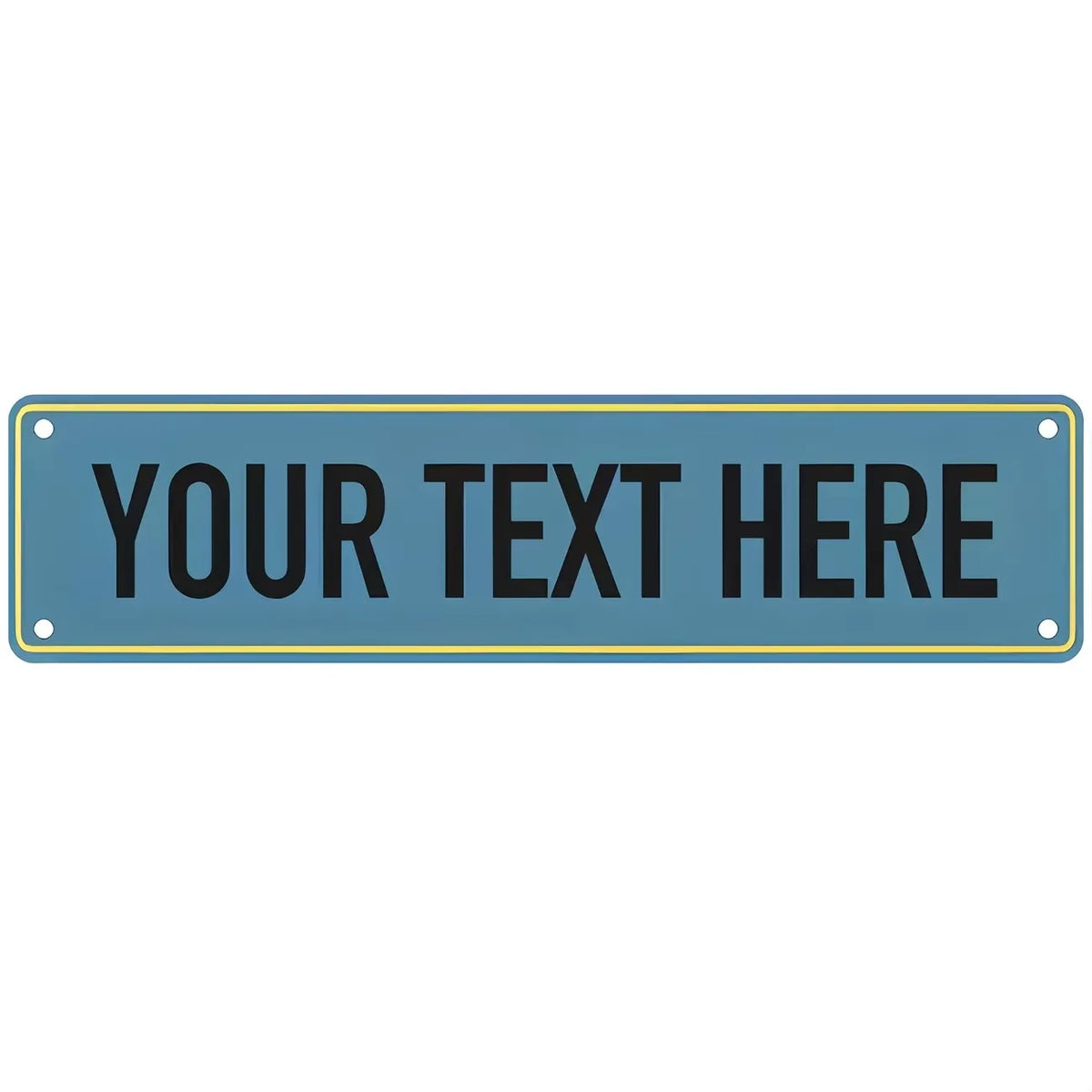 A rectangular, teal metal sign with a gold border and the text YOUR TEXT HERE in white.