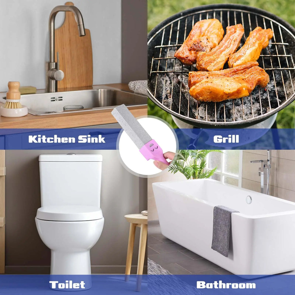 A set of bathroom and kitchen cleaning tools including a toilet, sink, grill, and bathtub.