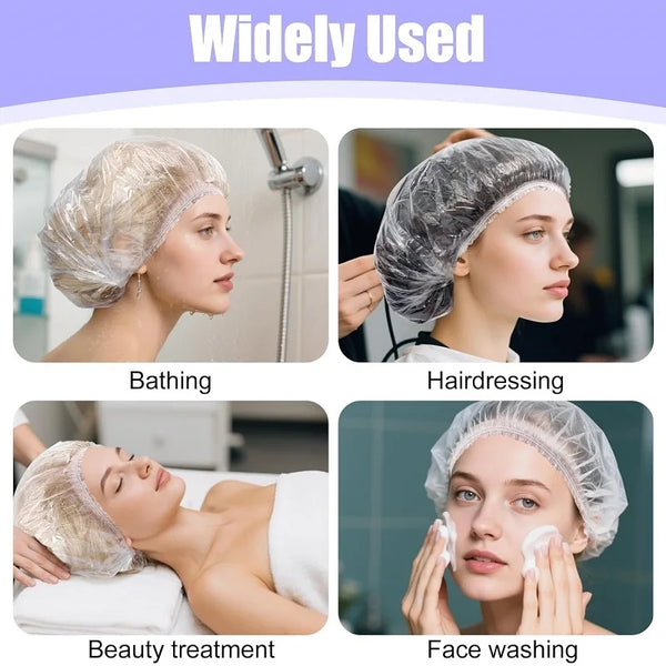 A disposable waterproof shower cap used for hair and bathing, shown in various contexts like hairdressing and beauty treatmen
