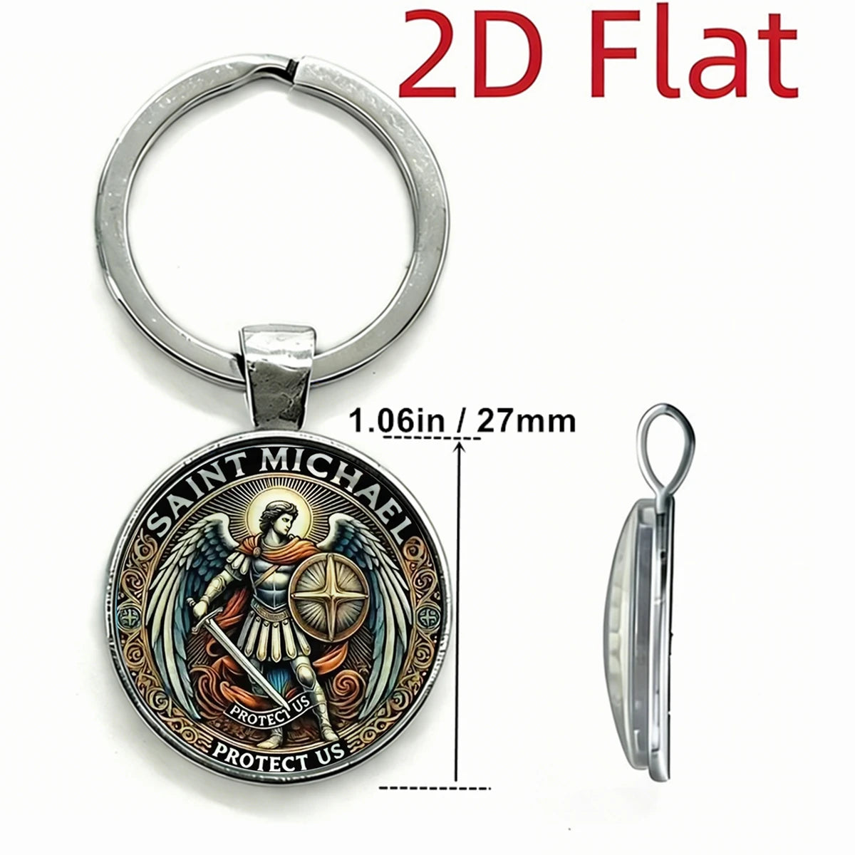 Silver 2D flat keychain featuring a medallion of Saint Michael the Archangel with wings and a sword.
