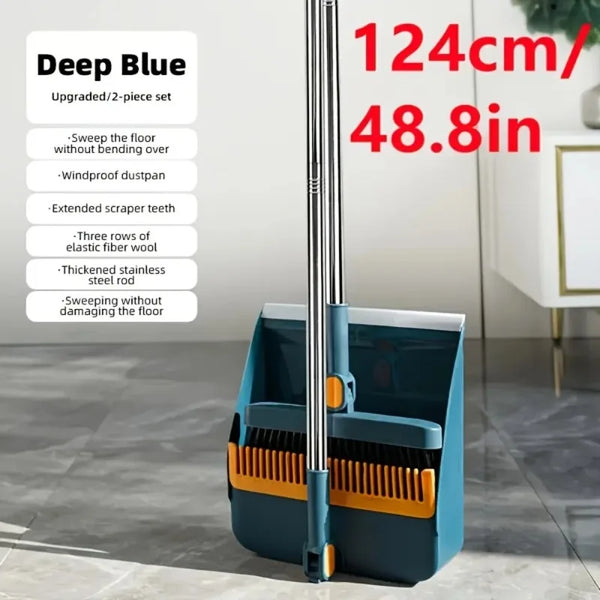 A tall blue broom and dustpan set with extended scraper teeth standing on a floor.
