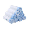 A pack of four white and light blue scented drawstring trash bags rolled up.