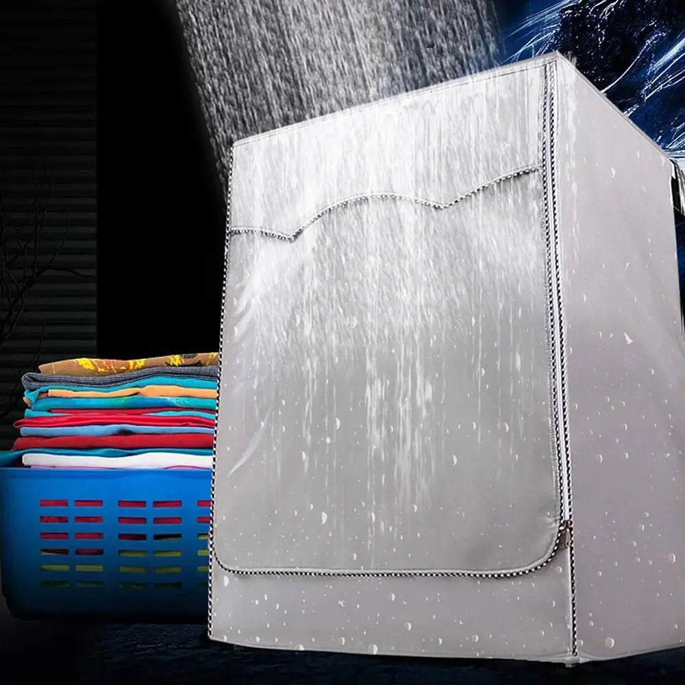 Silver Oxford washing machine cover with roll edge shown against a dark background.