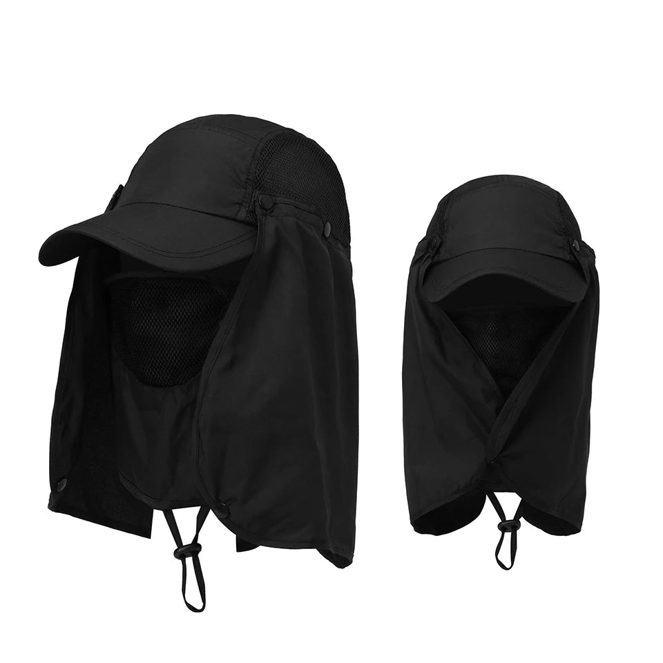 Black UV protection fishing sun hat shown in a folded and unfolded state