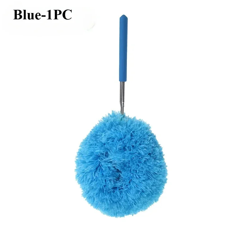 Blue extendable microfiber duster with a handle and fluffy cleaning head