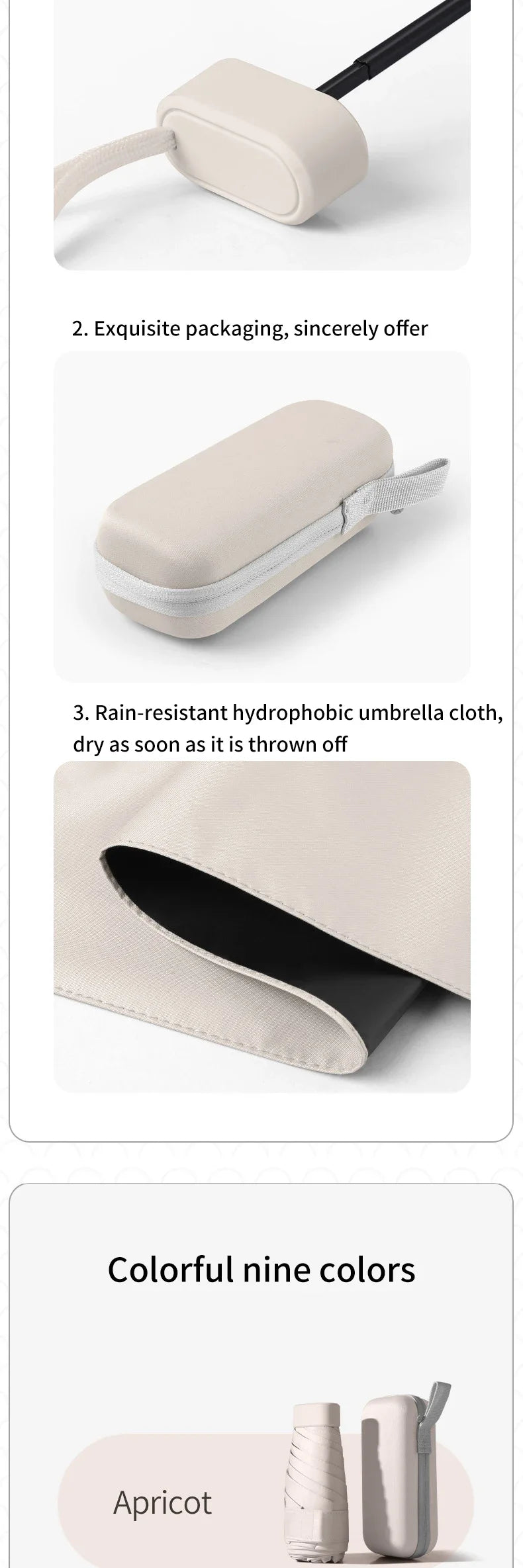 Nahaufnahme eines faltbaren Regenschirms in hellaprikotfarbiger Farbe.