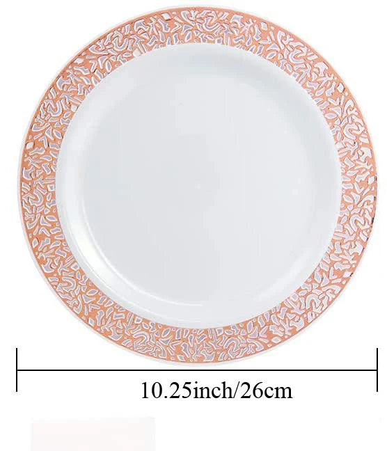 Weiße Einwegpartyplatte mit orangefarbener Spitzenkante, 10,25 Zoll Durchmesser.