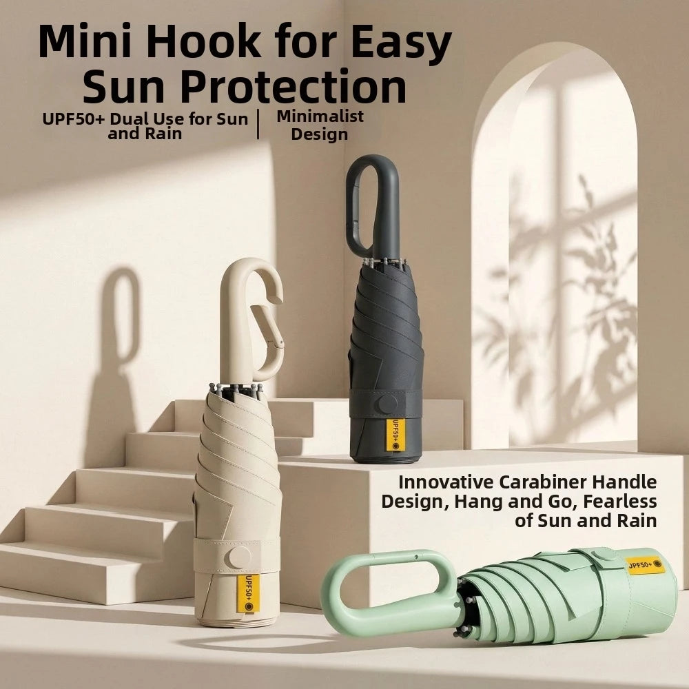 A mini hook for sun protection is shown next to a compact folding umbrella in light green and gray.