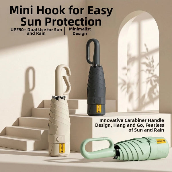 A mini hook for sun protection is shown next to a compact folding umbrella in light green and gray.