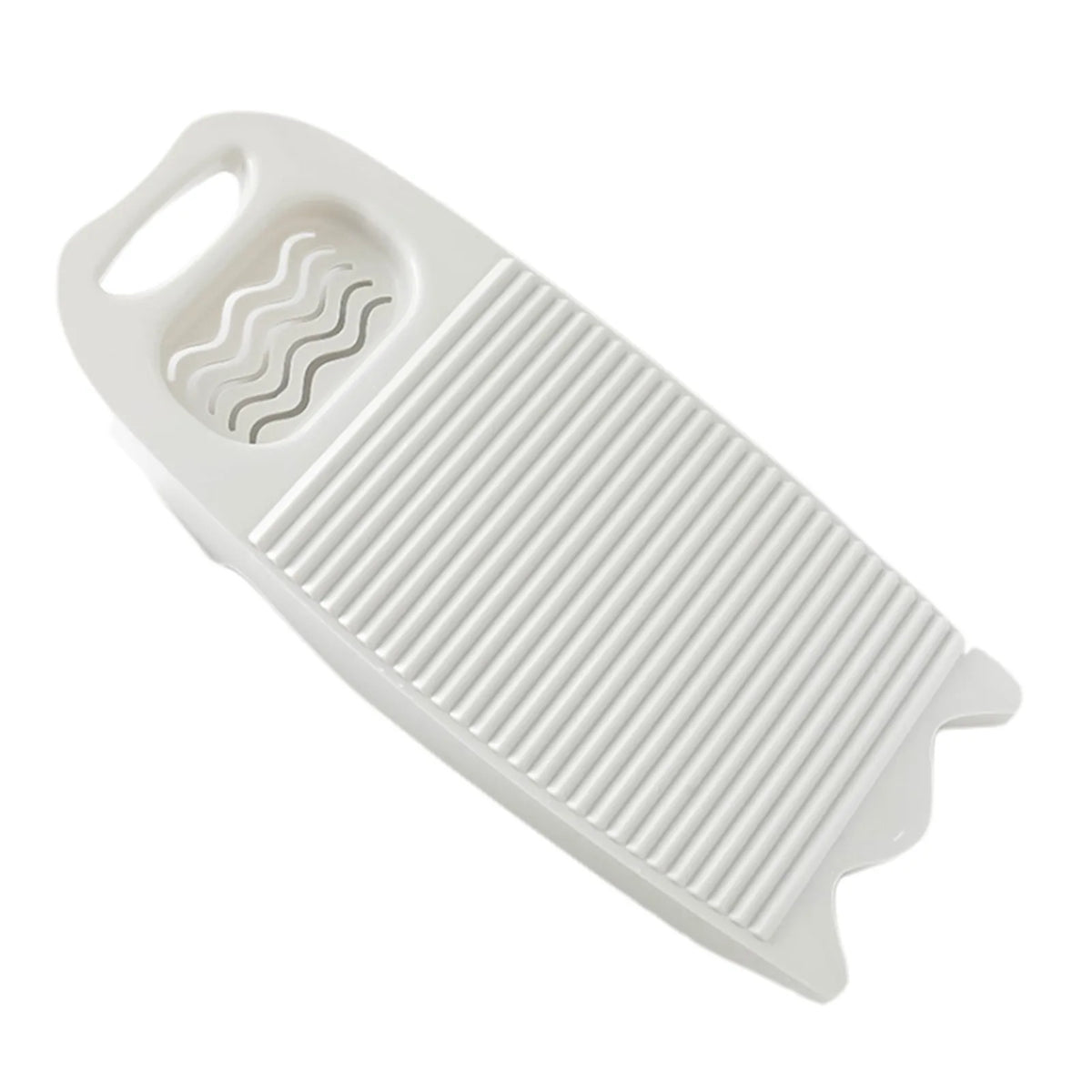A white thickened washboard for delicate laundry with a wavy section and a textured surface.