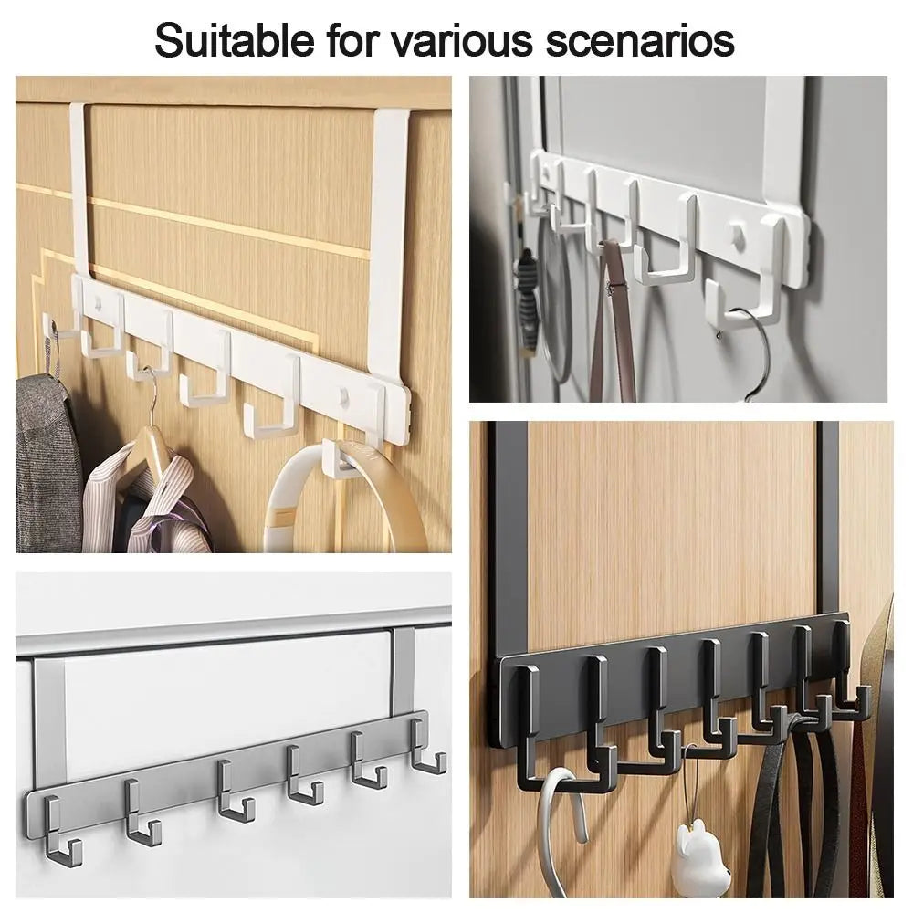 A set of heavy-duty adhesive door hooks installed on a wooden door, showing various usage scenarios.