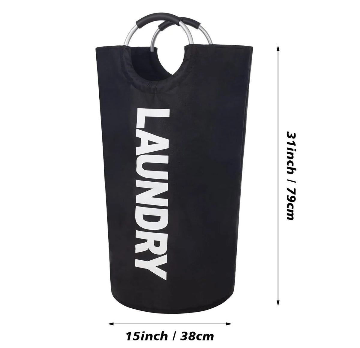 Cesta de ropa plegable negra con asas acolchadas, vista vertical.