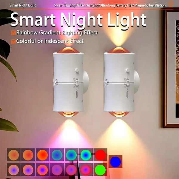 Two smart night lights display rainbow gradient effects and a color wheel showing various light colors.