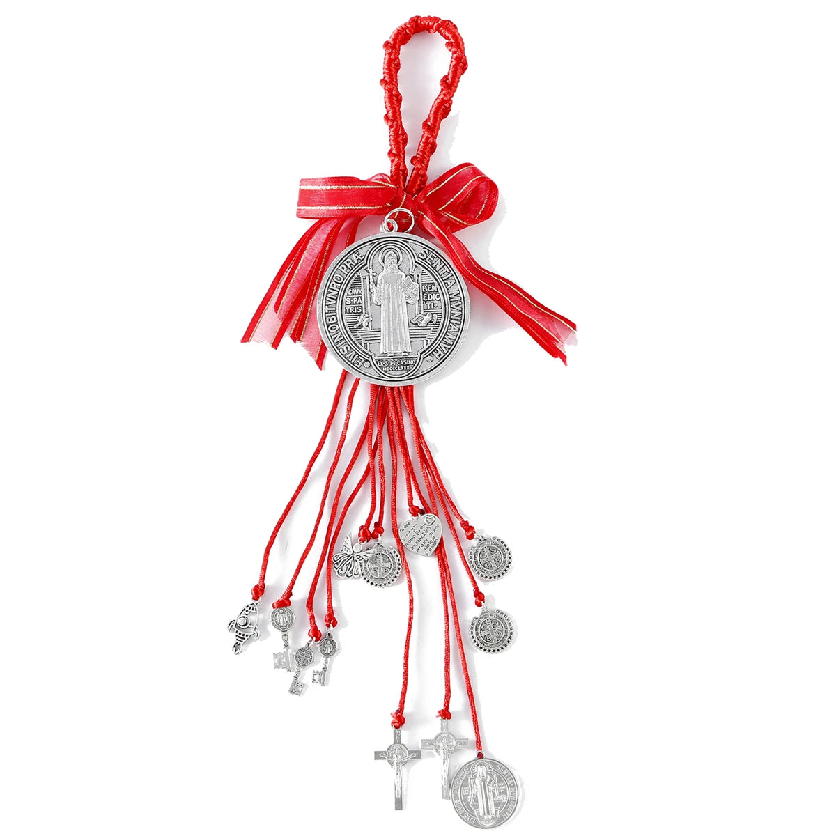Antikes Silber-St. Benedikt-Medaille-Anhänger mit roter Schleife und hängenden Anhängern
