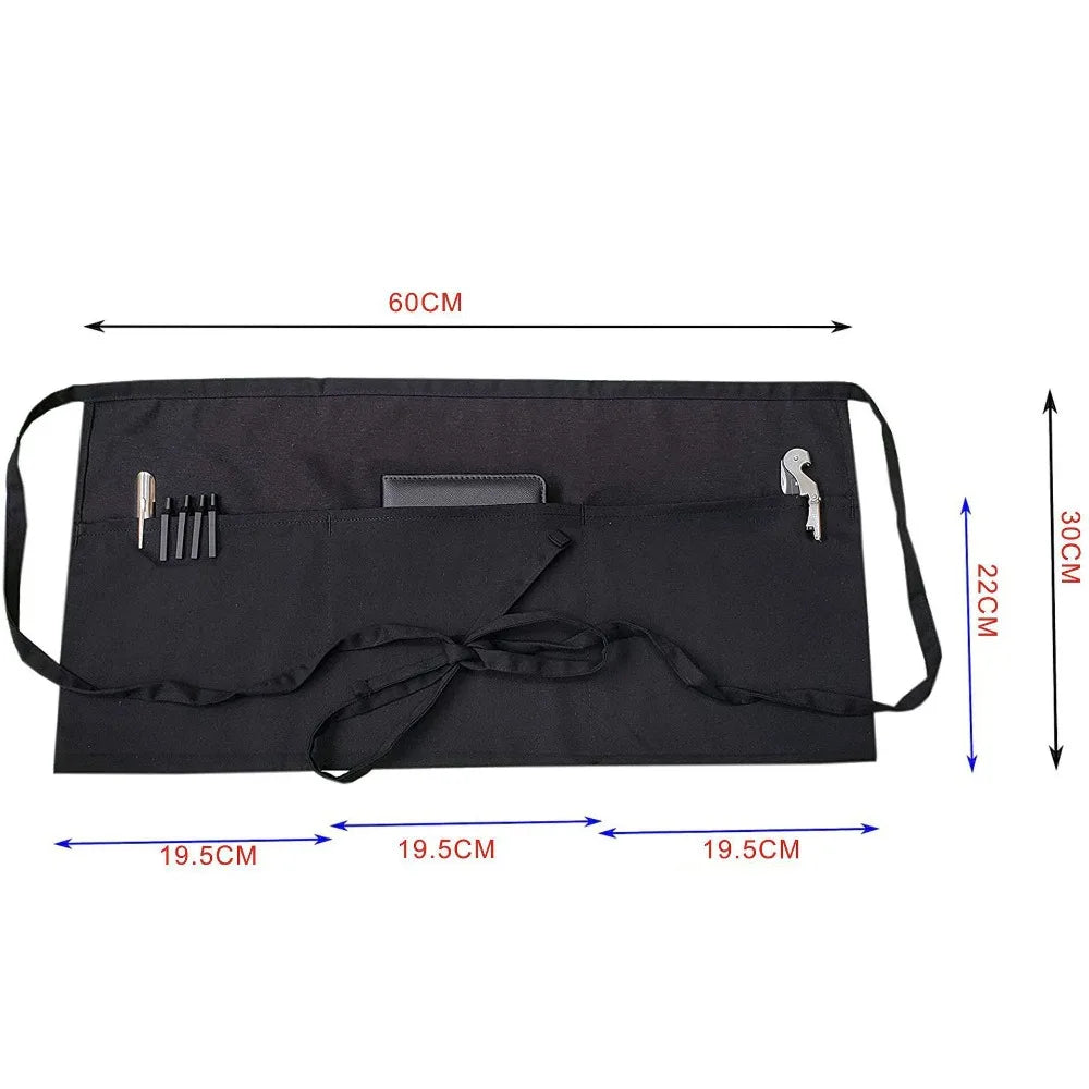Black fashion chef short apron with pockets shown flat with dimensions.