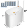 A white 2-in-1 trash can with a toilet brush, showing various brush heads and dimensions.