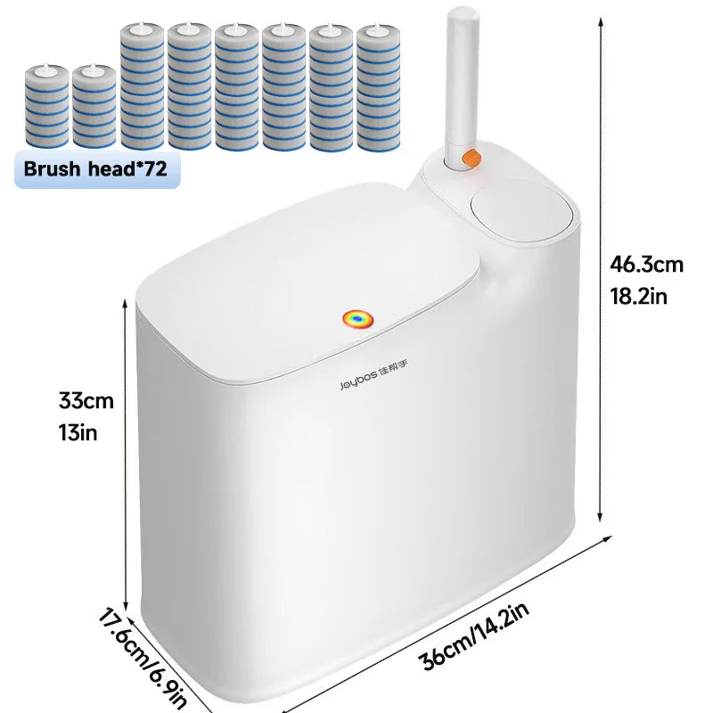 A white 2-in-1 trash can with a toilet brush, showing various brush heads and dimensions.