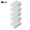 Five white melamine cleaning sponges or magic erasers stacked vertically.
