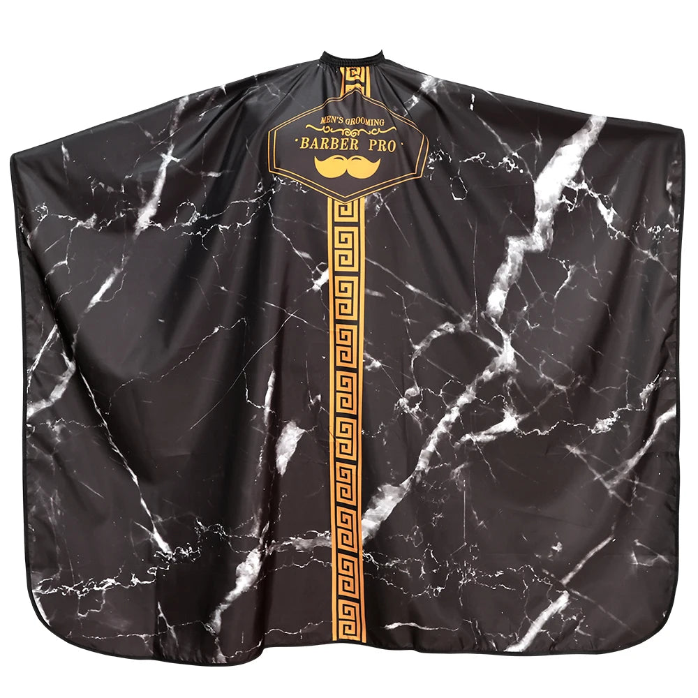 Black satin hair cutting cape with a gold logo and marble pattern