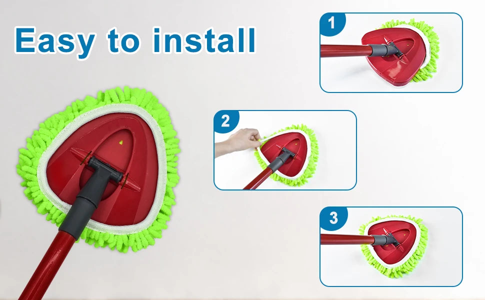 Three steps showing how to easily install replacement spin mop heads for an O-Cedar tank mop.
