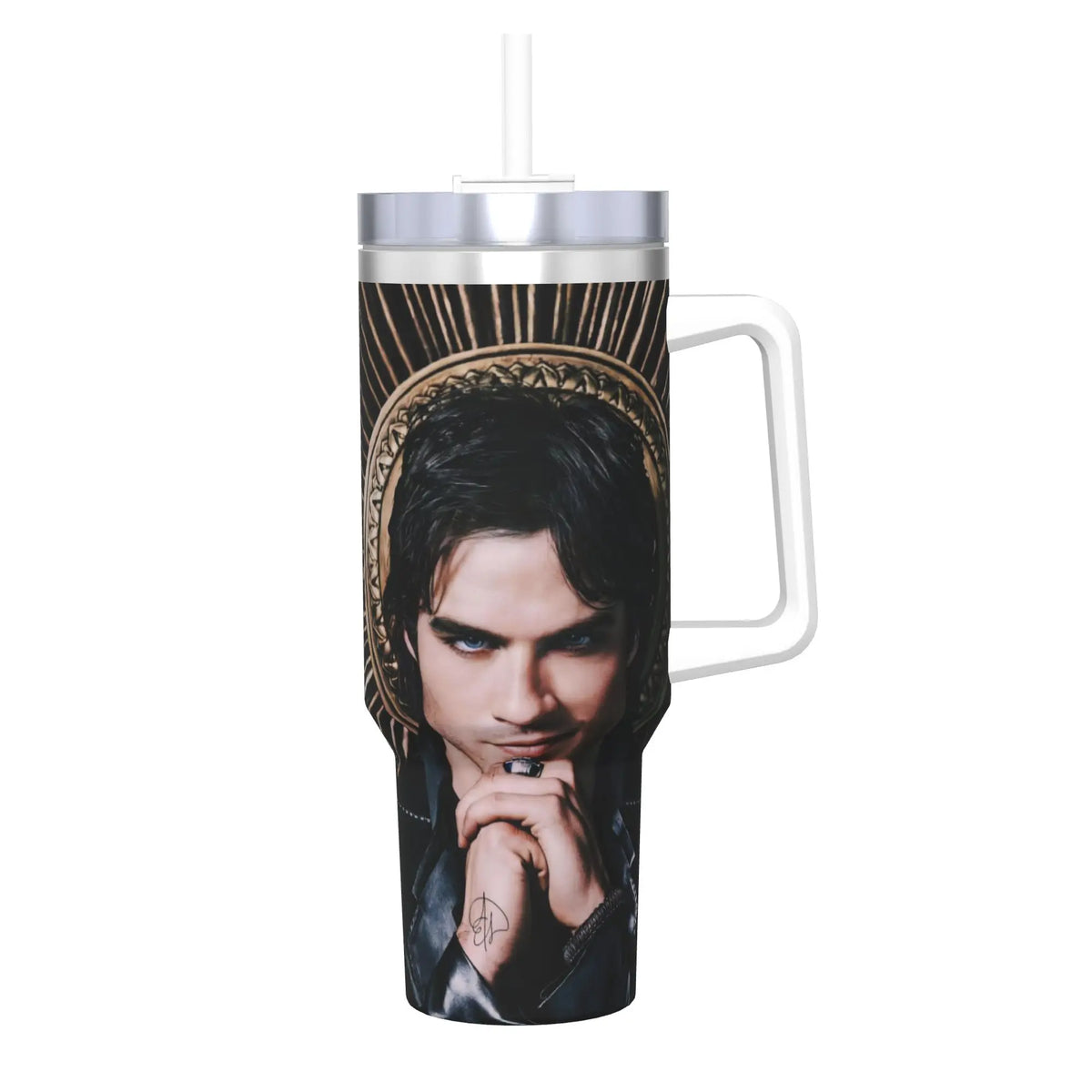 A stainless steel thermal tumbler featuring a portrait of a man with dark hair and intense eyes.