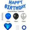 A kit of 62 balloons including blue and silver balloons, a black balloon, a blue heart, glue dots, and ribbon for a birthday 