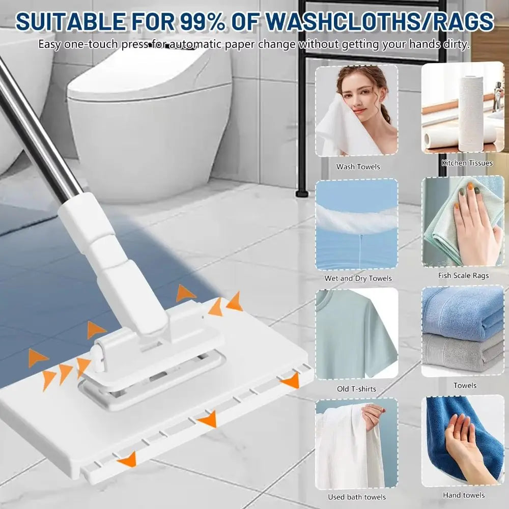 Hands-Free 360° rotating mop with reusable microfiber cloths used for cleaning toilets and surfaces.