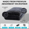 A stack of dark gray microfiber cleaning towels with a unique double-twist pile construction and scratch-free design.