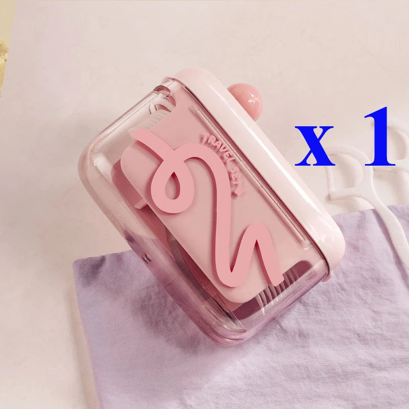 Pinke, portable Zahnseide-Aufbewahrungs- und Dosierflasche auf lila Stoff.