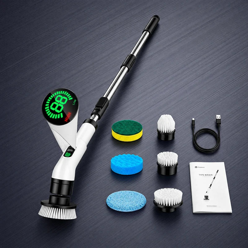 A cordless electric spin scrubber with various cleaning brushes and attachments displayed on a dark surface.