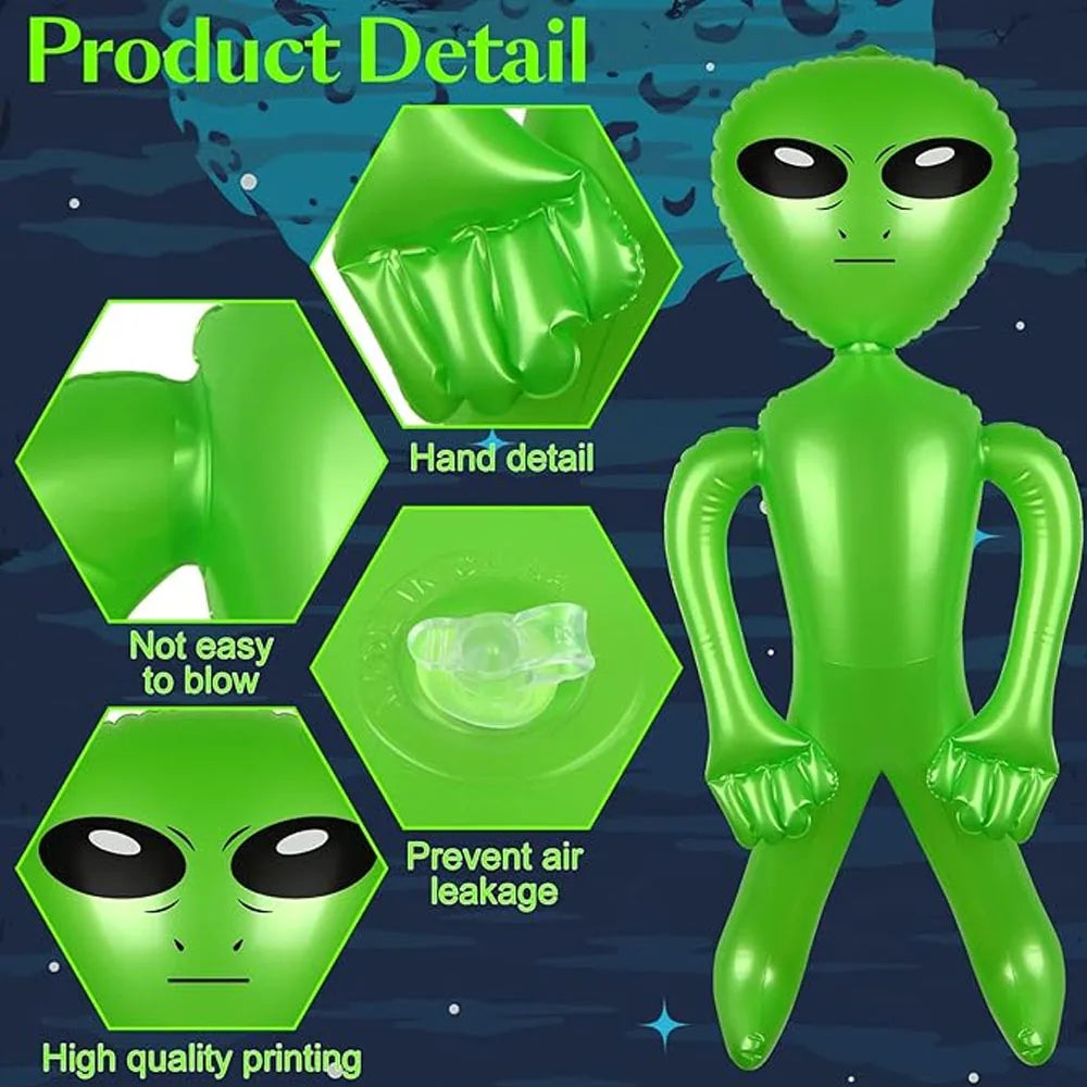 A bright green inflatable alien decoration showing various details and a full figure.
