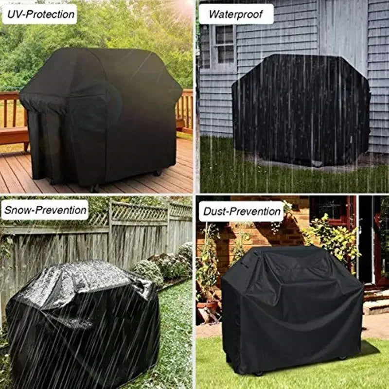 Black heavy-duty grill cover protecting a gas BBQ grill from UV, waterproof, snow, and dust.