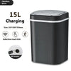 A black 15L touchless sensor trash can with a lid, showing various charging options.