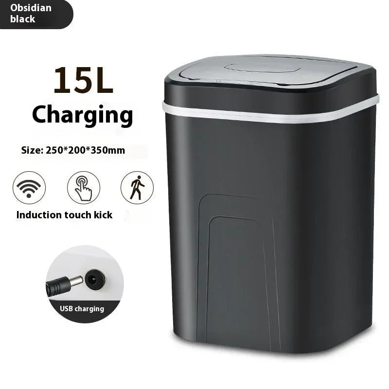 A black 15L touchless sensor trash can with a lid, showing various charging options.