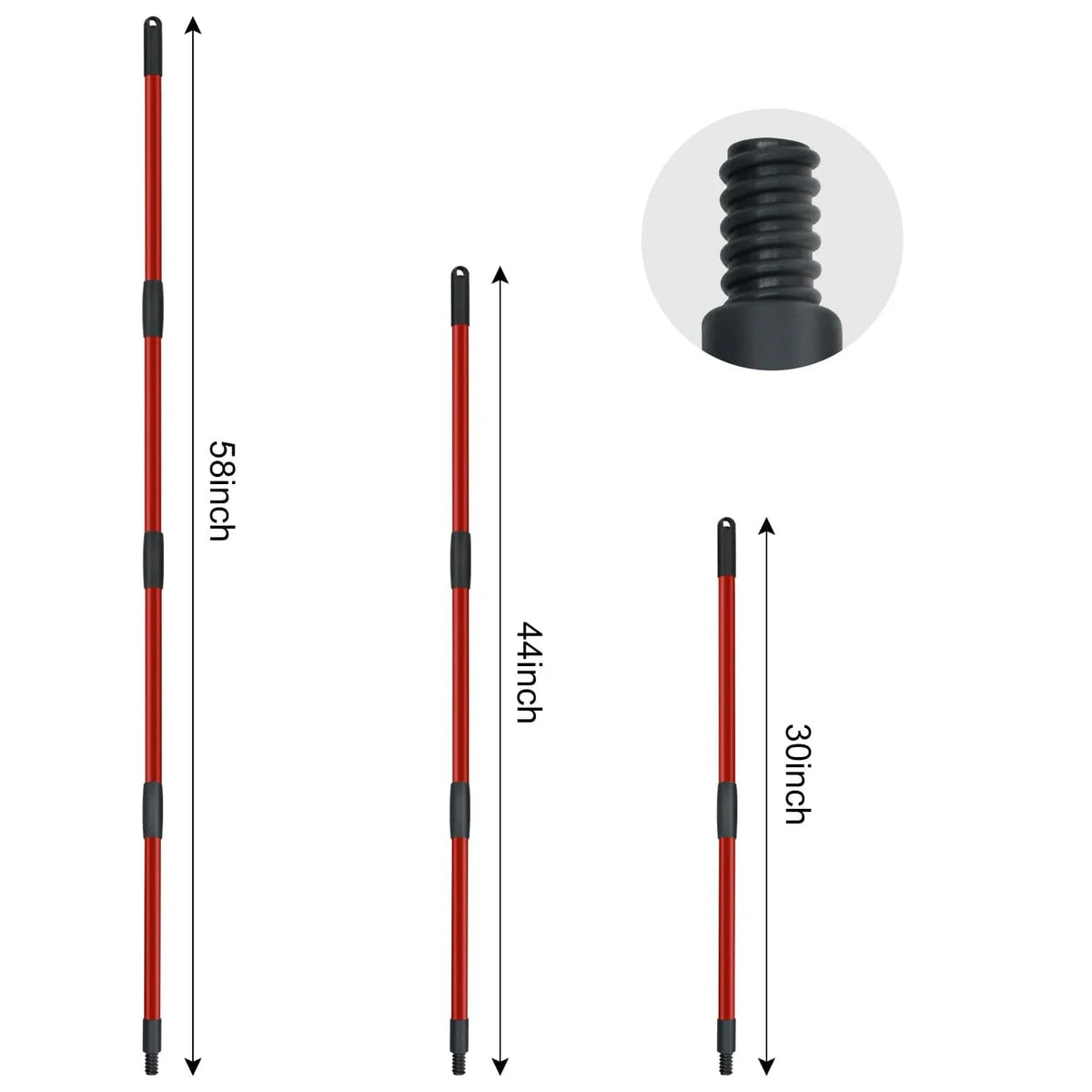 A set of universal mop handle and base components shown in various lengths.